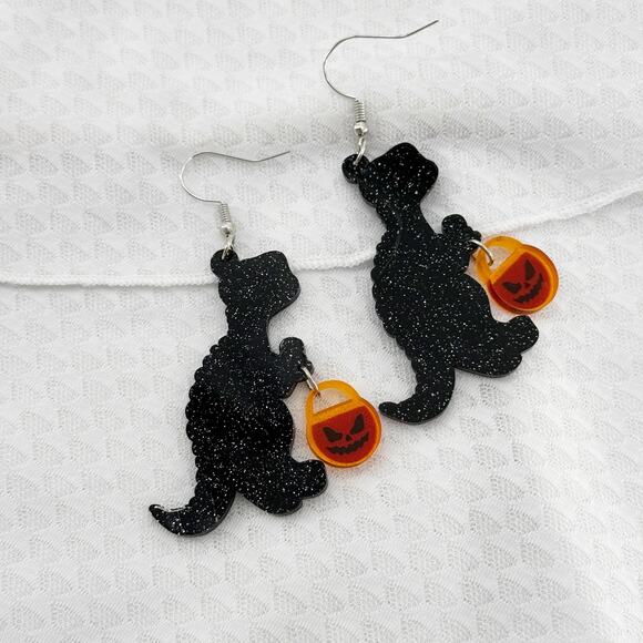 Skelton Trick Or Treat T-Rex Earrings, Halloween Earrings, Dino Earrings - Picture 2 of 4